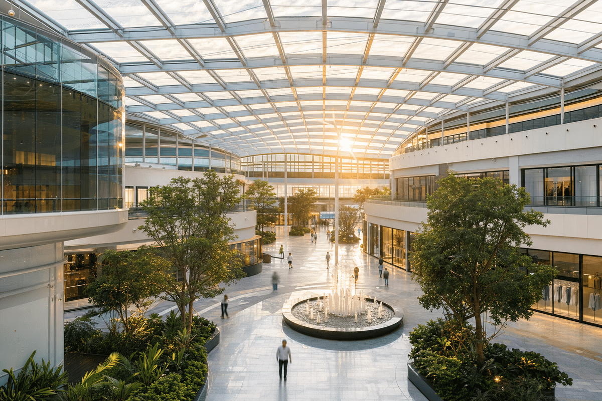 Mall court interior with sweeping ETFE skylight