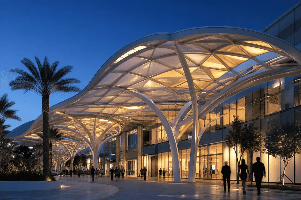 Shopping mall entrance with elegant ETFE canopy — Shopping Mall ETFE Roofing