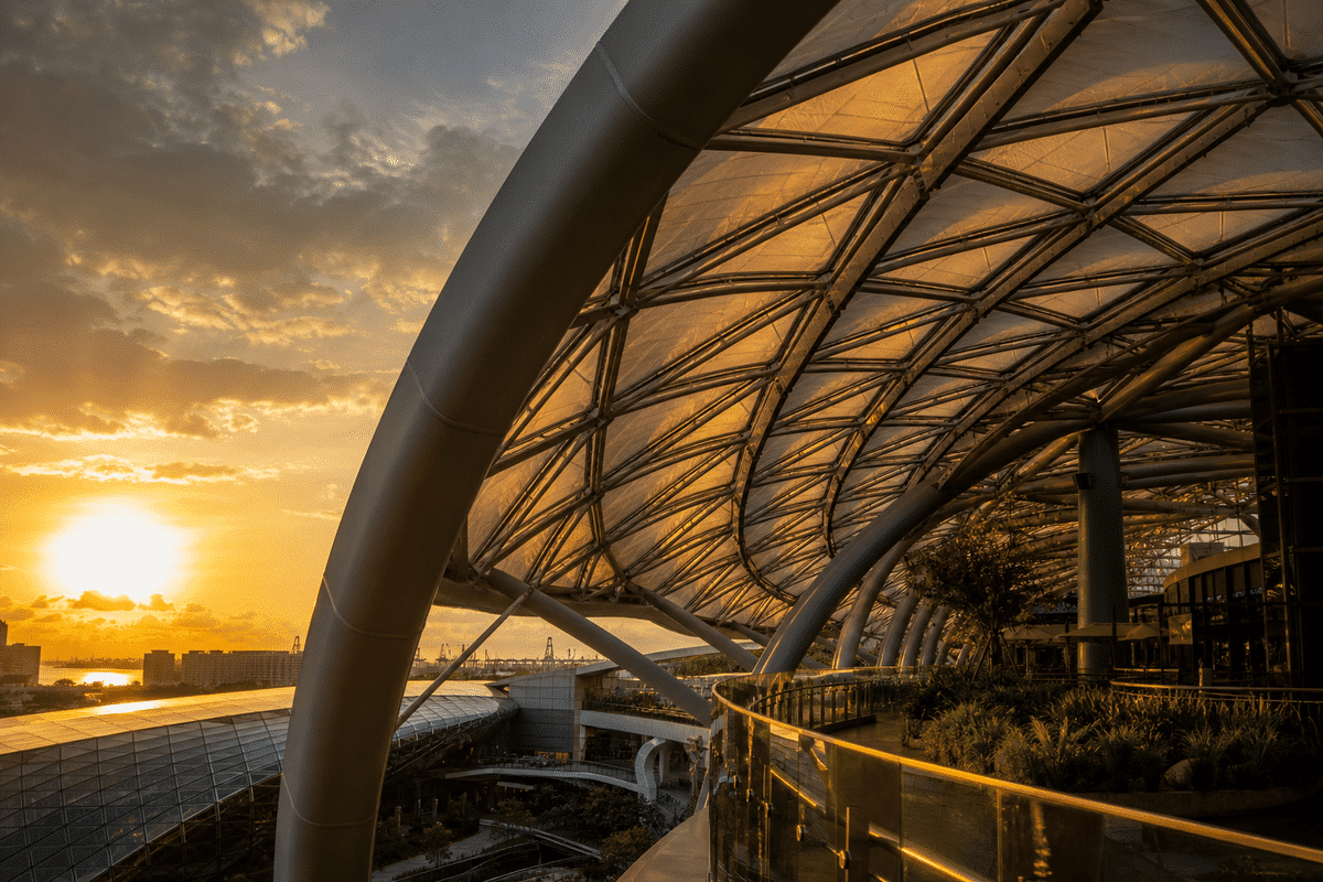 Still of multi-layer ETFE air cushion installation on a long-span shopping mall roof