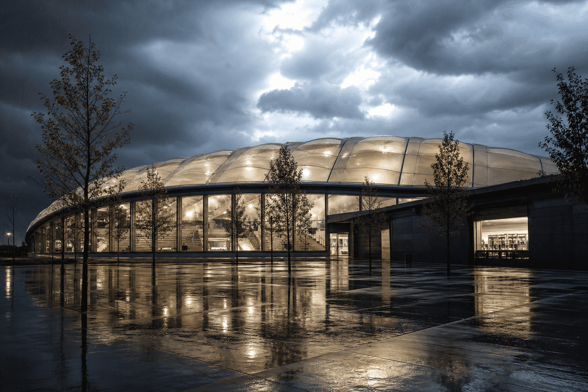 ETFE roof on a sports complex hall under dramatic storm lighting and rain