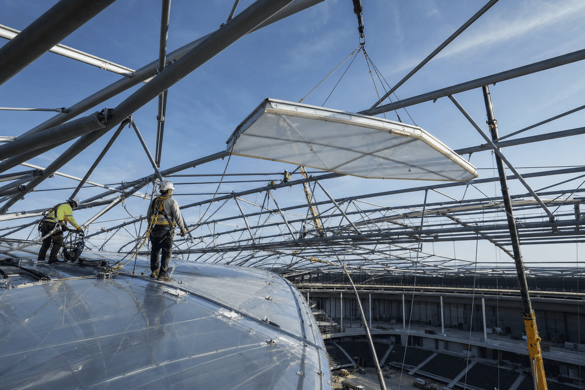 Construction crew installing ETFE modules on roof grid