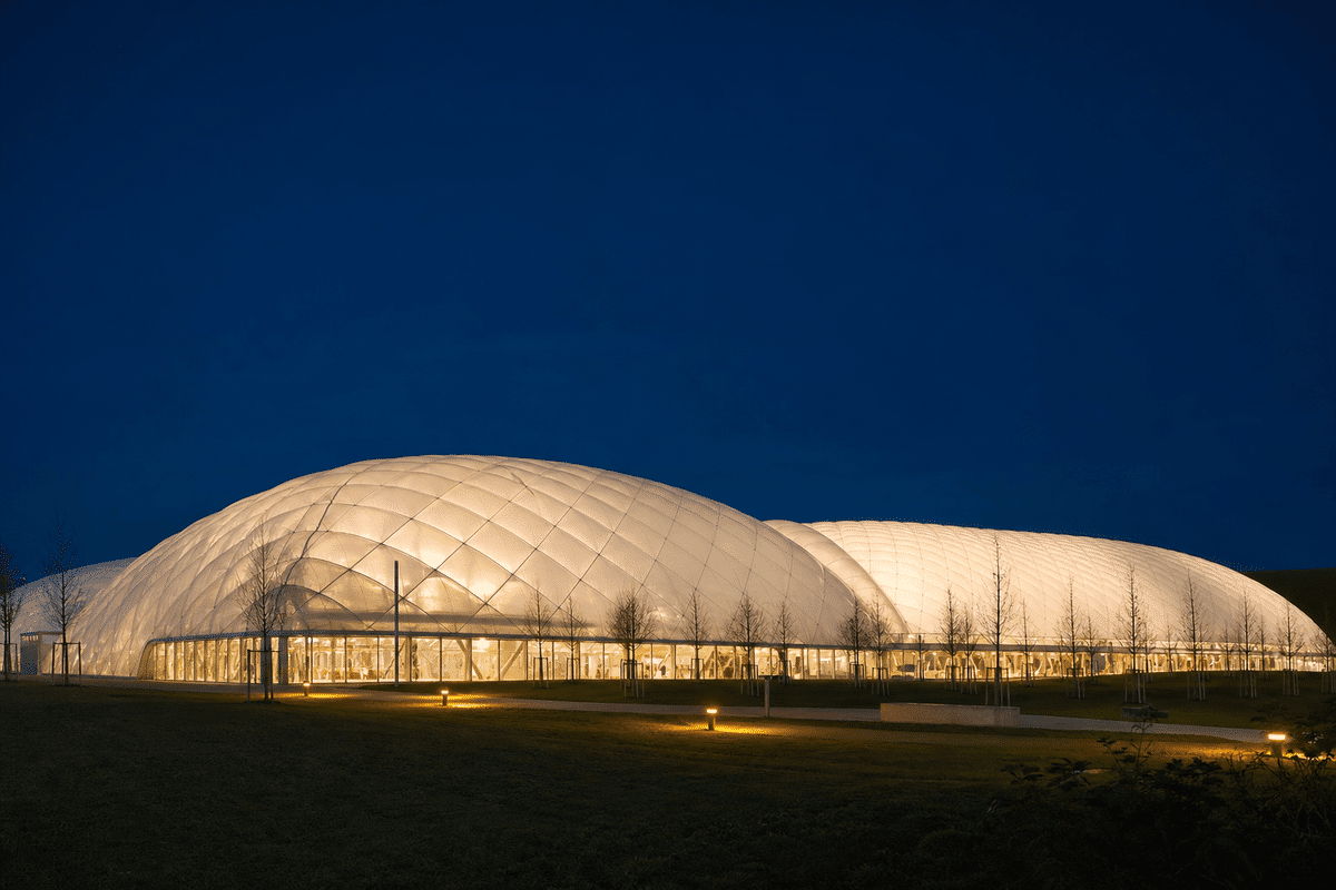 ETFE roof glowing softly at night