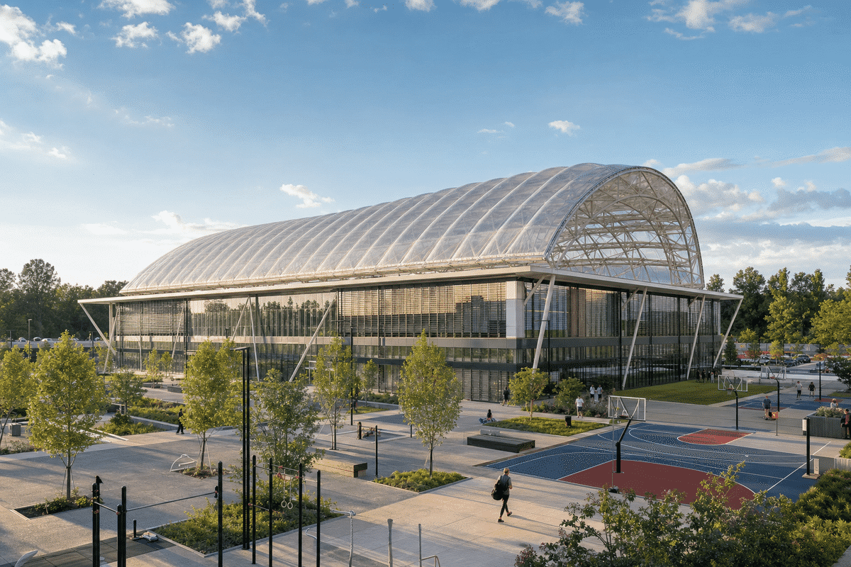 Daylit modern sports complex with translucent ETFE hall roof