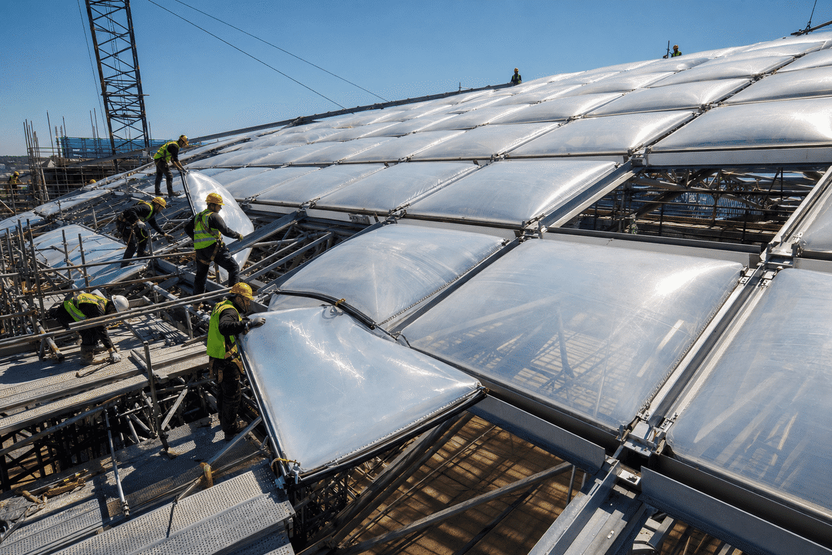 Construction crew installing ETFE cushion modules on a sportscomplex roof grid