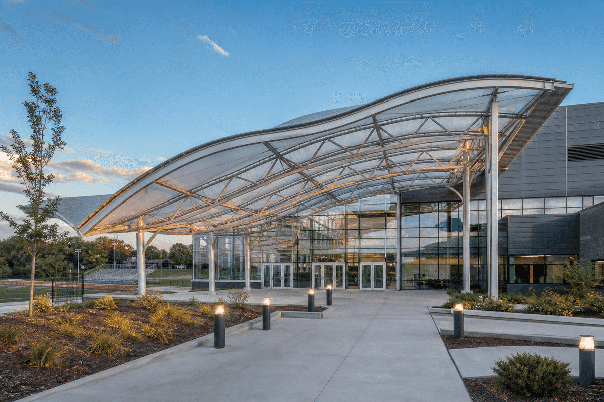Sports complex entrance with elegant ETFE canopy