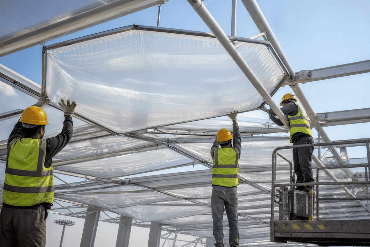 Still of multi-layer ETFE air cushion installation on a sportscomplex roof