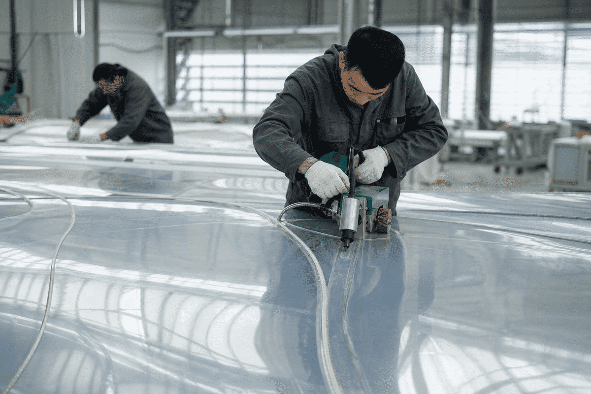 Still of precision welding and fabrication of ETFE film modules