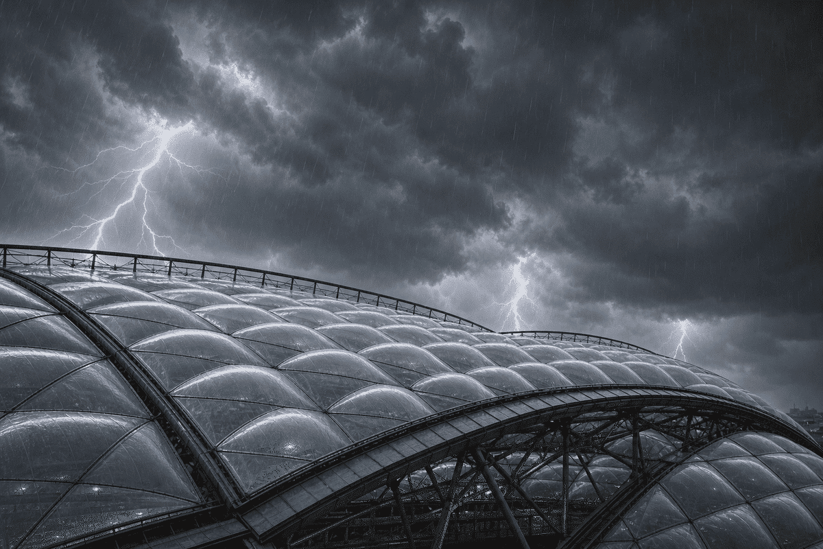 ETFE stadium roof under dramatic storm lighting and rain