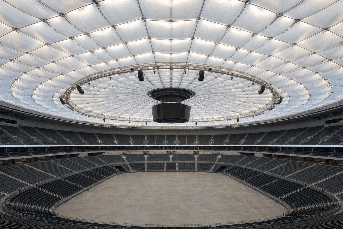 Arena bowl under a luminous ETFE air cushion roof
