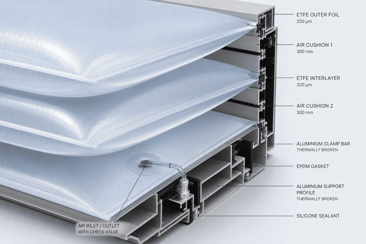Detail of multi-layer translucent ETFE air cushion assembly