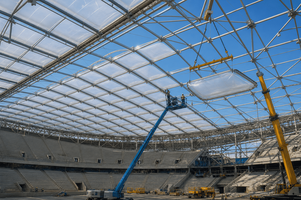Construction stage installing ETFE modules on stadium steel grid