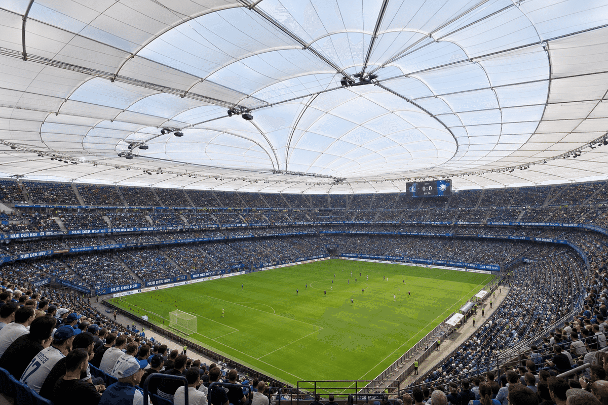 Daylit sports stadium under a translucent ETFE air cushion roof
