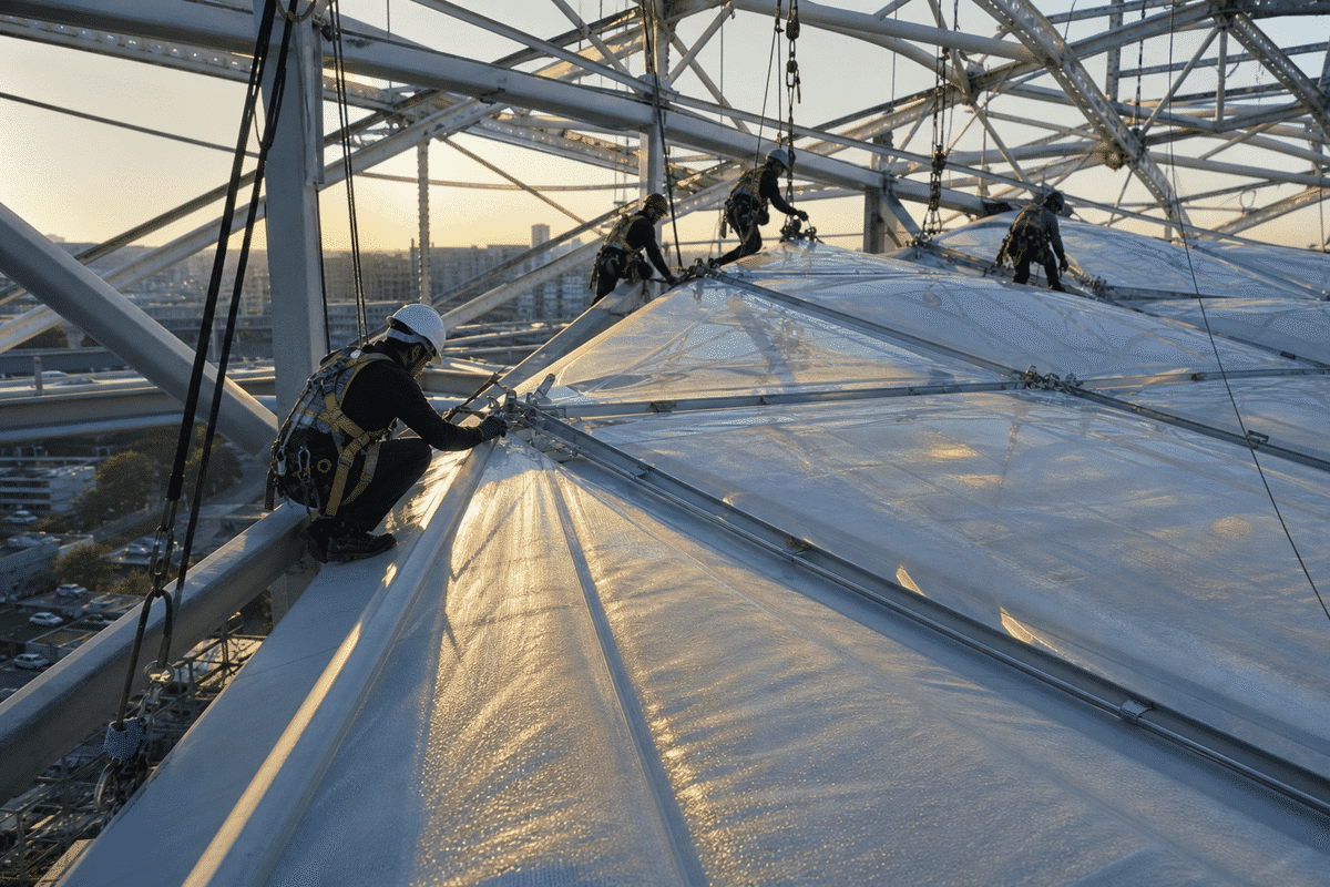 Construction crew installing ETFE cushion modules on a stadium roof grid