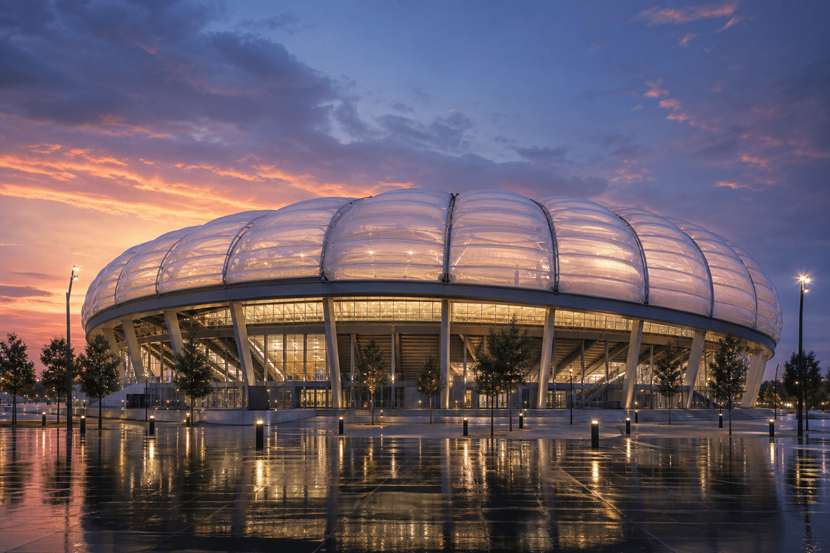 Completed sports stadium with translucent ETFE roof