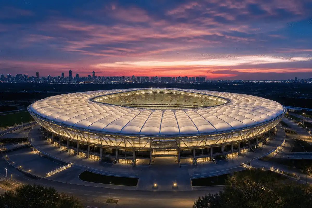 Still of multi-layer ETFE air cushion installation on a long-span stadium roof — Stadium ETFE Roofing systems