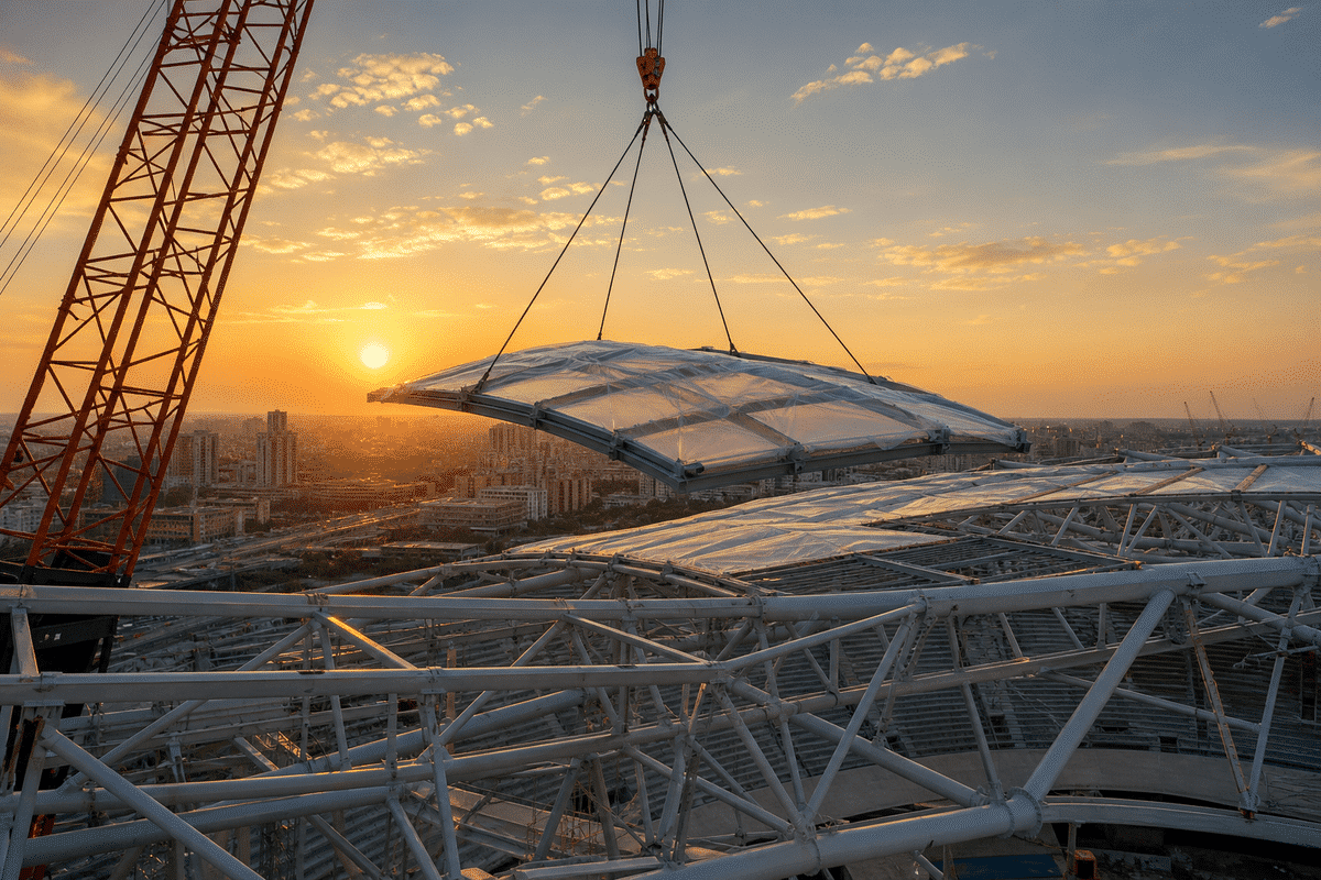 Still of daylight moving across a translucent ETFE stadium canopy