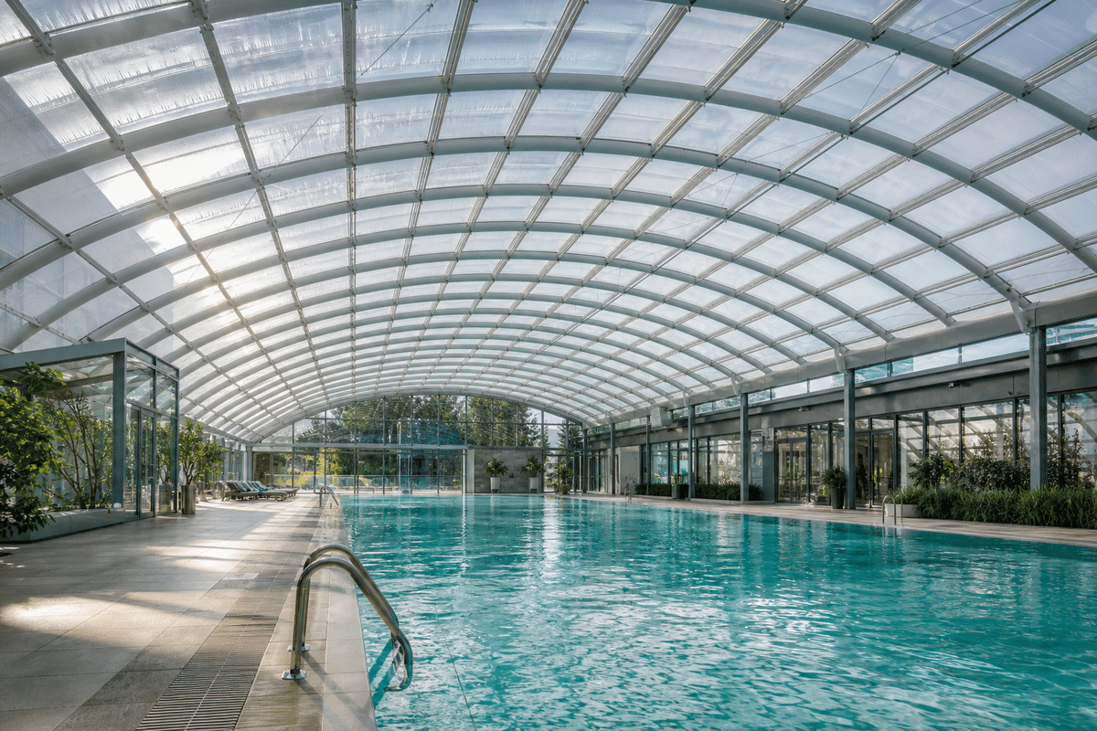 Natural daylight washing an indoor pool hall through an ETFE roof