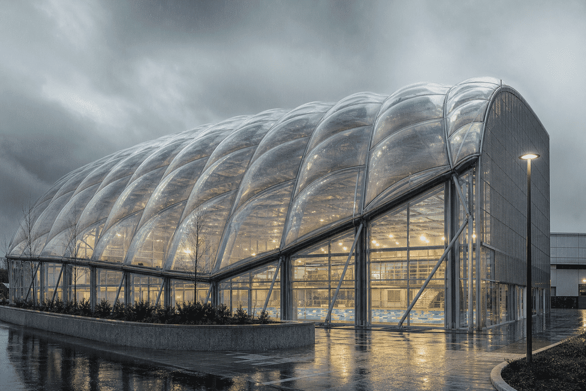 ETFE swimming pool roof under dramatic lighting with humid luminous interior