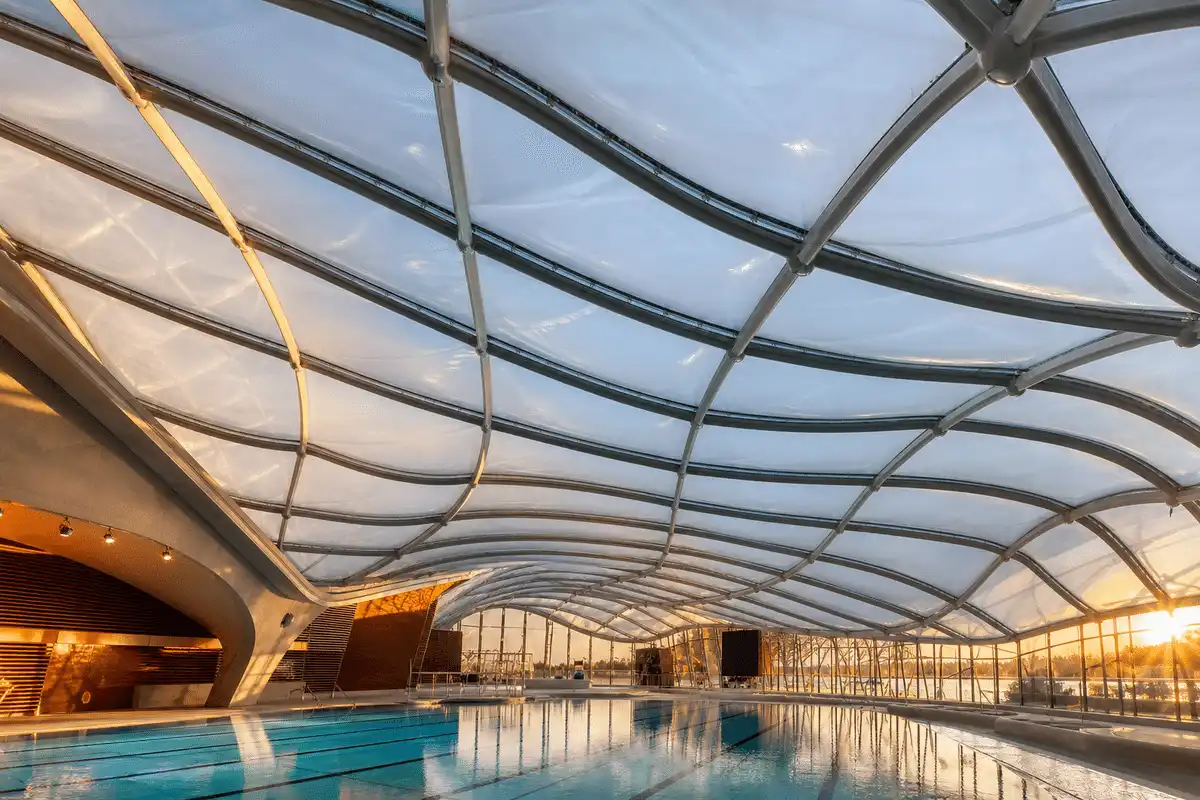 Freeform curved ETFE cushion field on a swimming pool roof — Swimming Pool ETFE Roofing systems