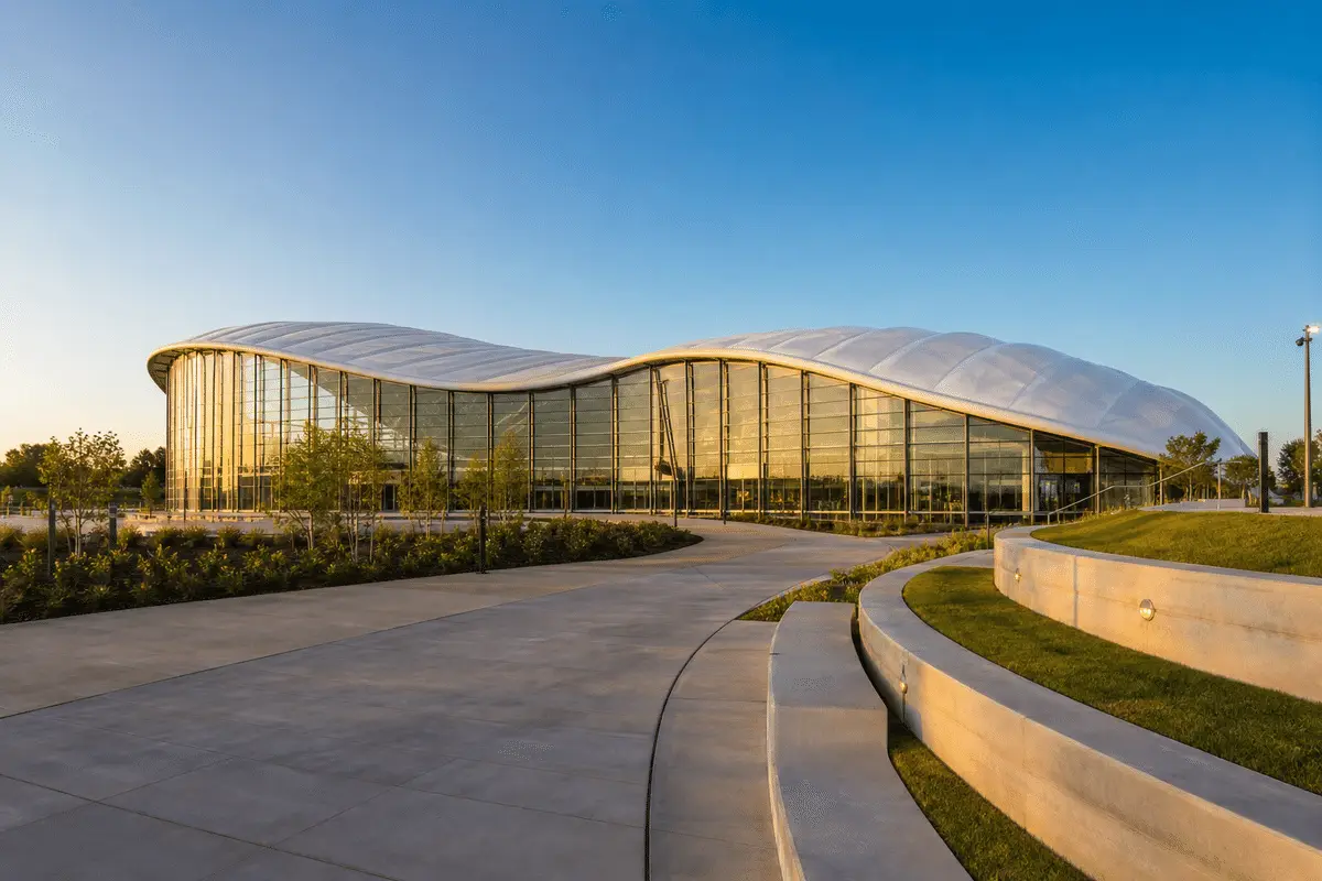 Exterior of an indoor swimming pool aquatic centre with ETFE roof — Swimming Pool ETFE Roofing systems