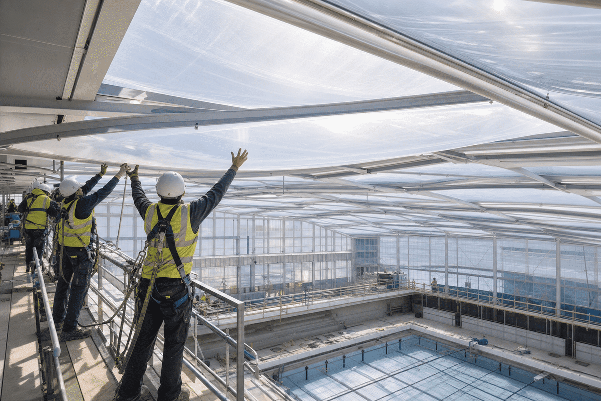 Construction crew installing ETFE modules on roof grid