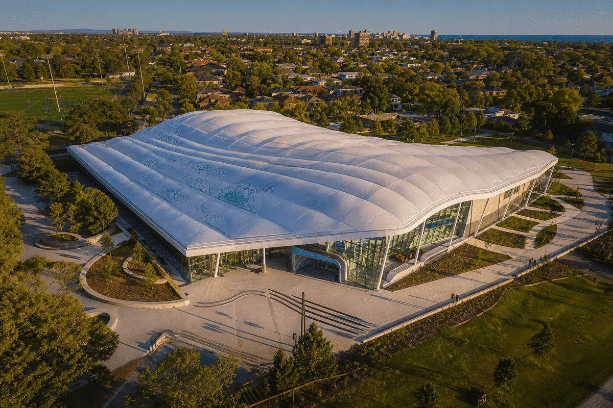Completed building with translucent ETFE roof from above