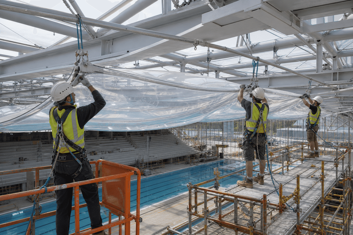 Construction crew installing ETFE cushion modules on a pool roof grid