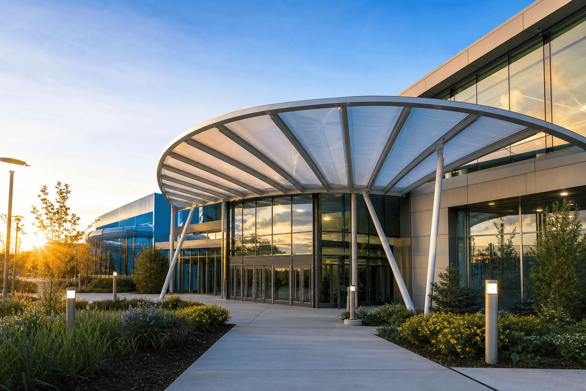 Swimming pool centre entrance with elegant ETFE canopy