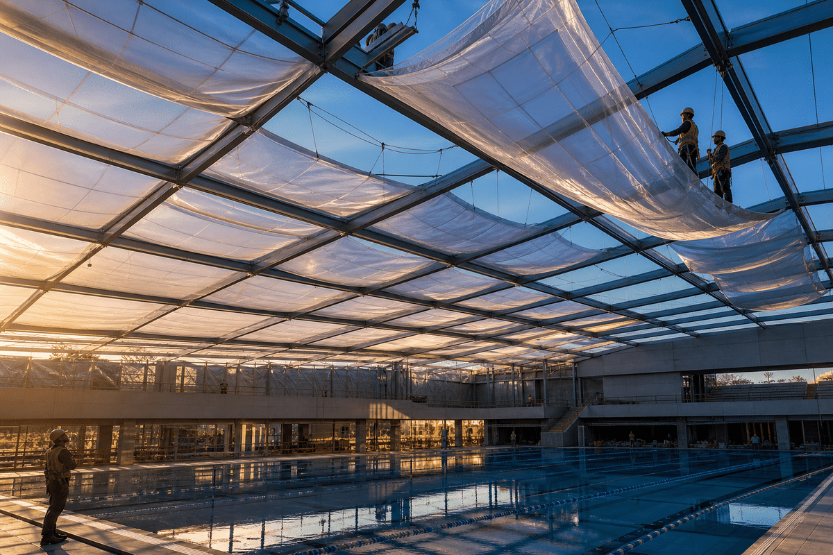 Still of multi-layer ETFE air cushion installation on a pool roof
