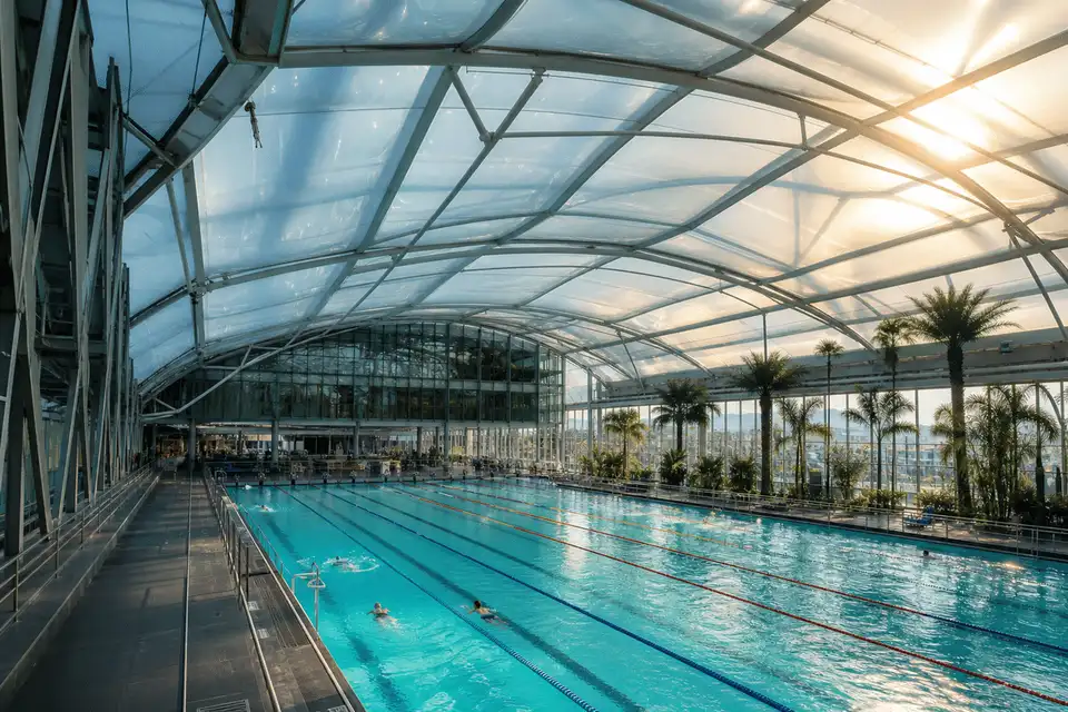 Still of daylight moving across a translucent ETFE pool canopy — Swimming Pool ETFE Roofing systems