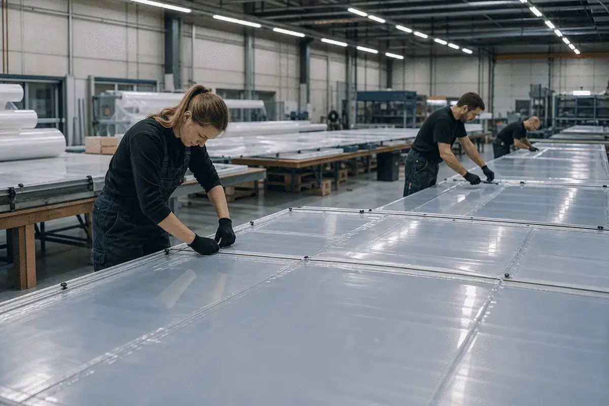 Still of precision welding and fabrication of ETFE film modules — Swimming Pool ETFE Roofing systems