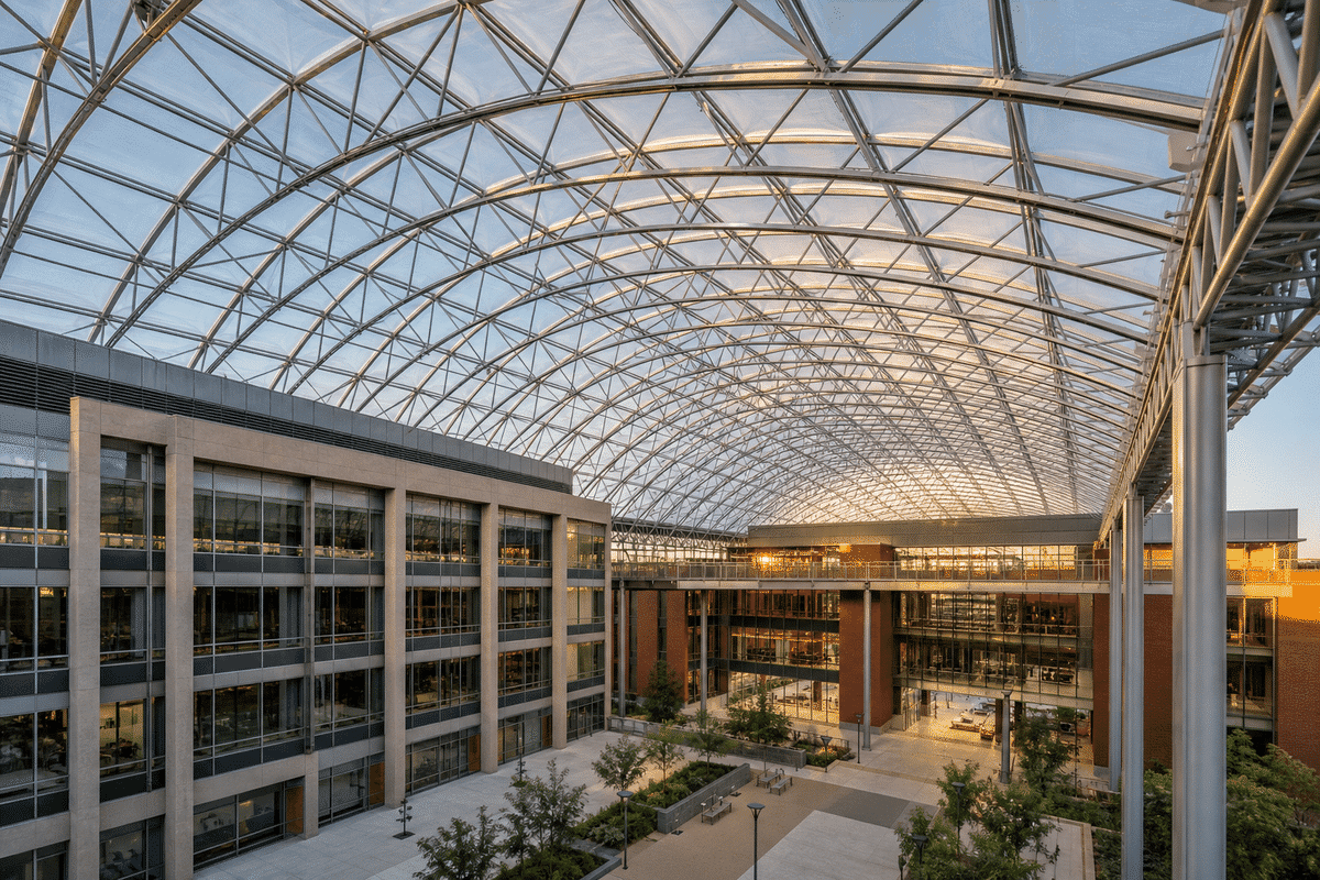 Long-span translucent ETFE roof over a university atrium