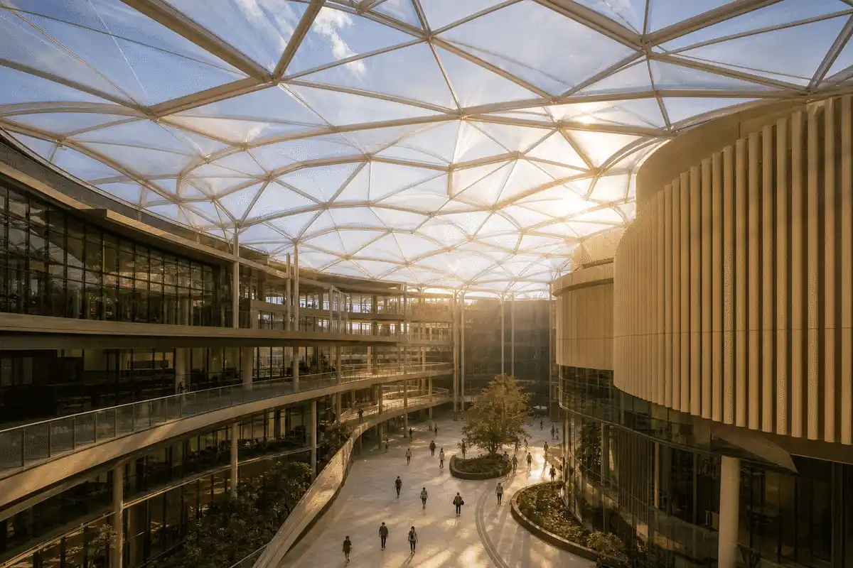 Natural daylight washing a university atrium through an ETFE roof — University ETFE Roofing systems