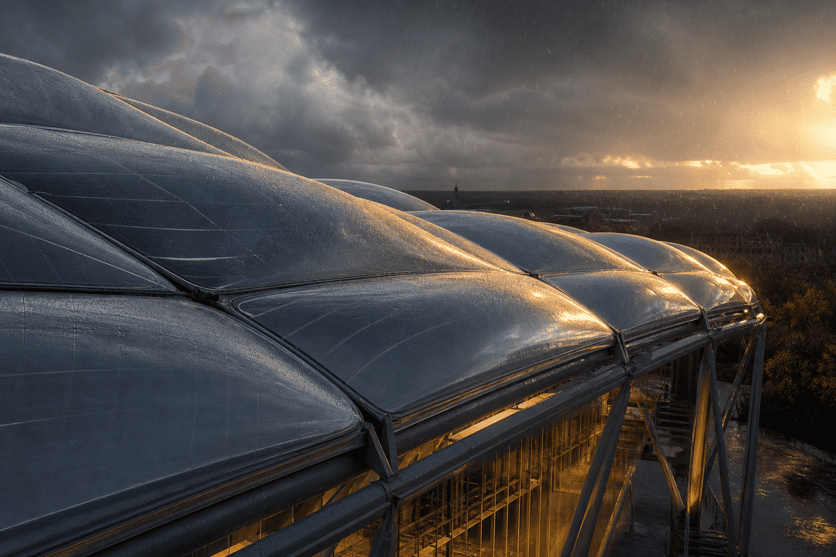 ETFE roof on a university atrium under dramatic storm lighting and rain