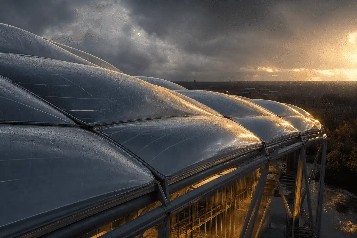 ETFE roof on a university atrium under dramatic storm lighting and rain — University ETFE Roofing systems