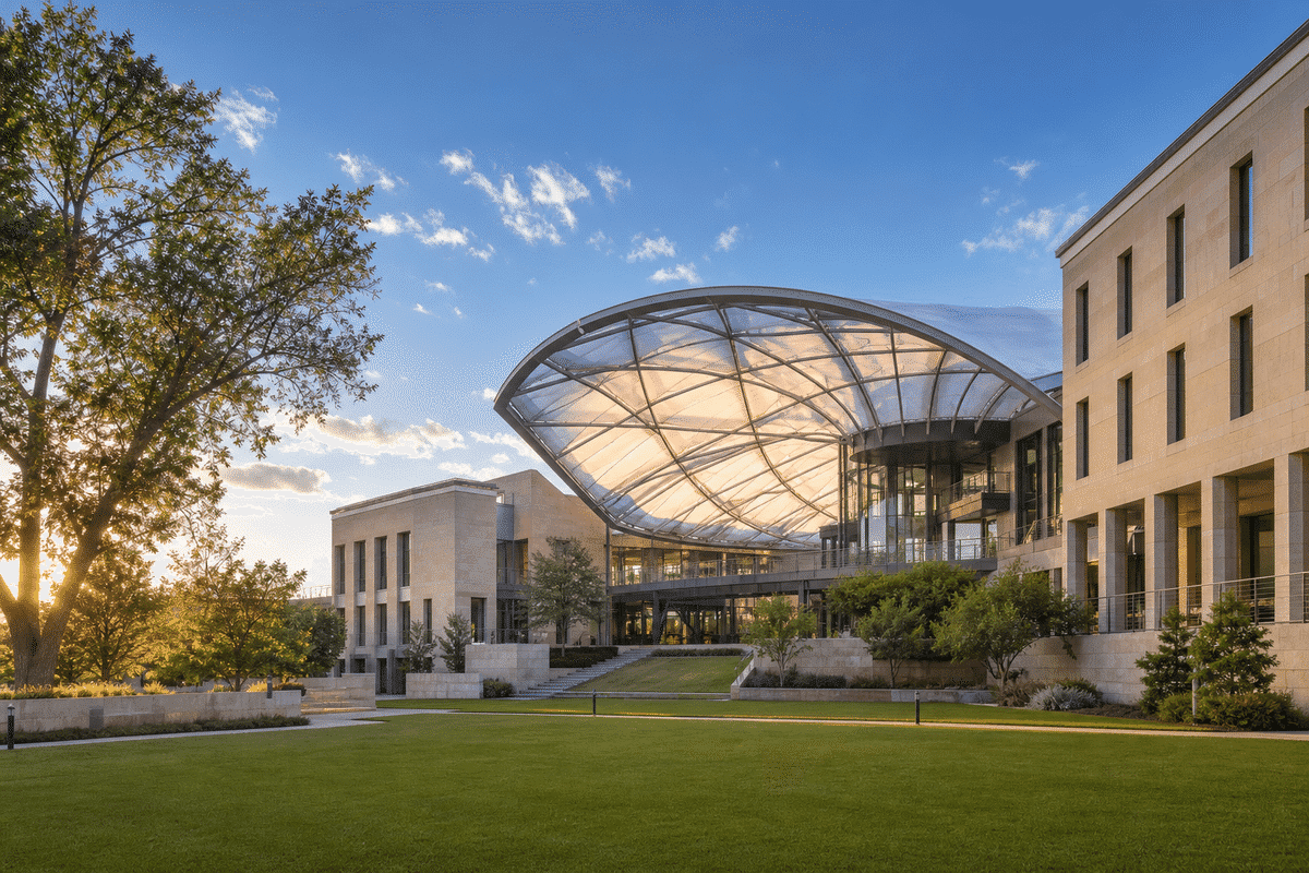 Exterior of a modern university campus with ETFE roof