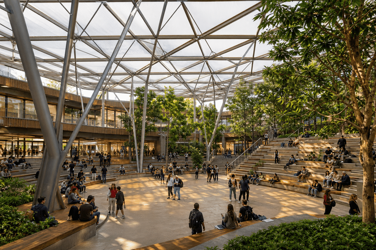 Primary space under a luminous ETFE air cushion roof