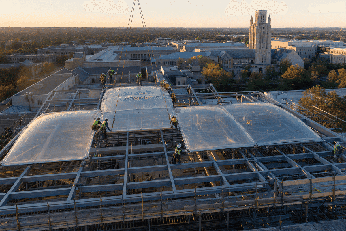 Construction crew installing ETFE modules on roof grid