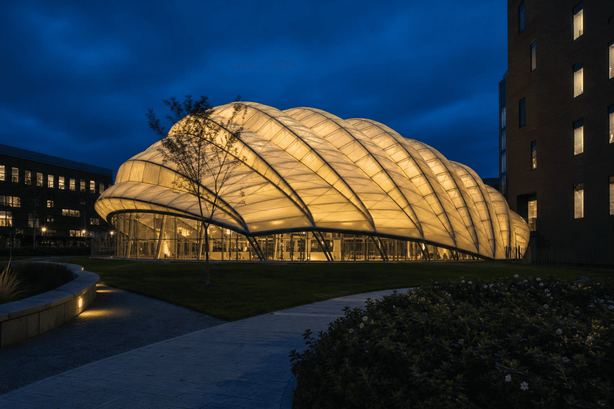 ETFE roof glowing softly at night
