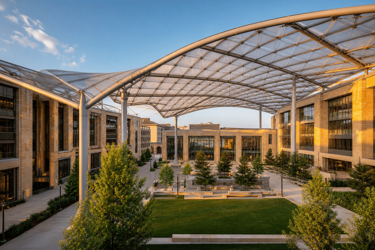 Modern modern university campus atrium with translucent ETFE roof