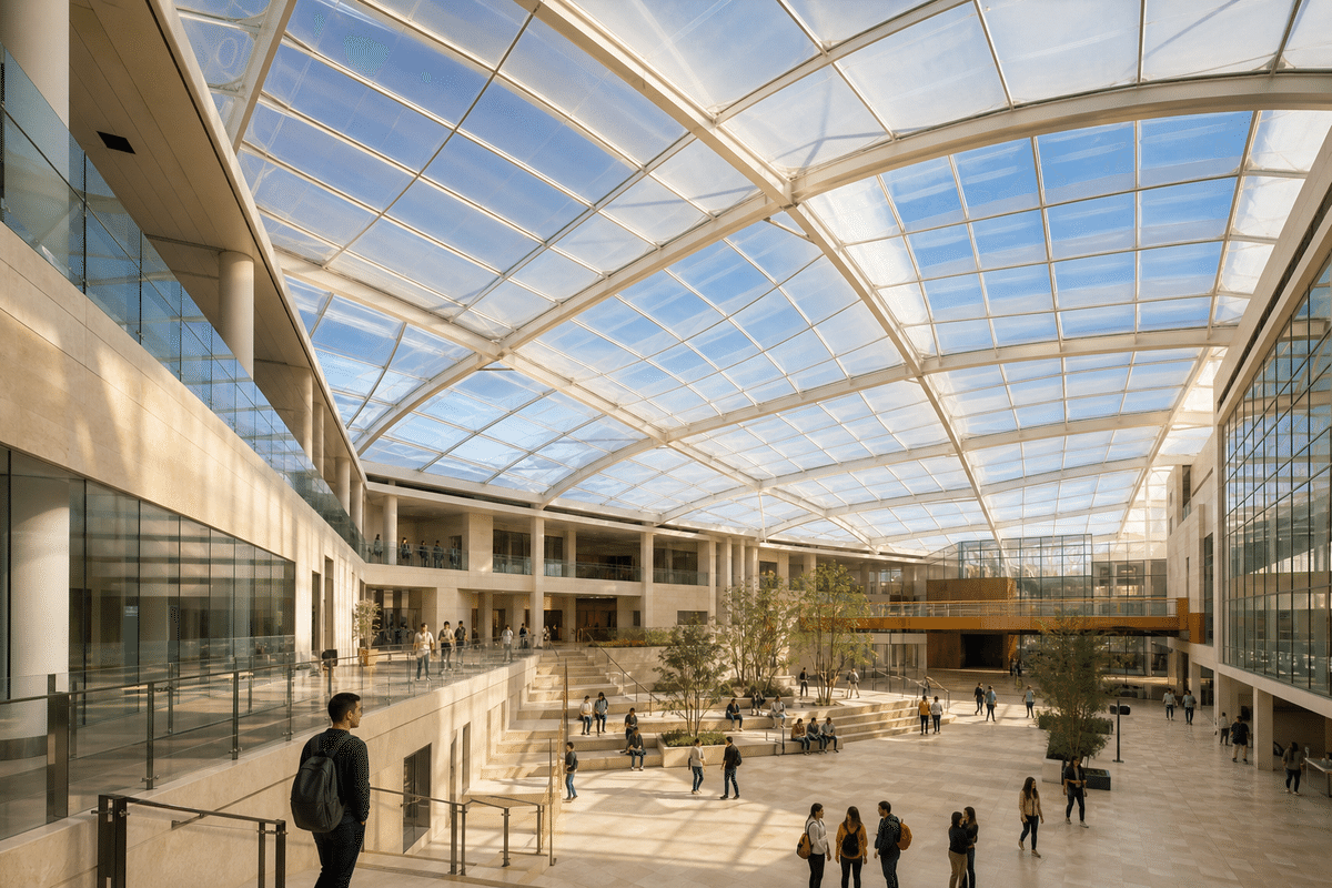 Completed university atrium with translucent ETFE roof