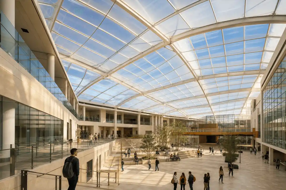 Completed university atrium with translucent ETFE roof — University ETFE Roofing