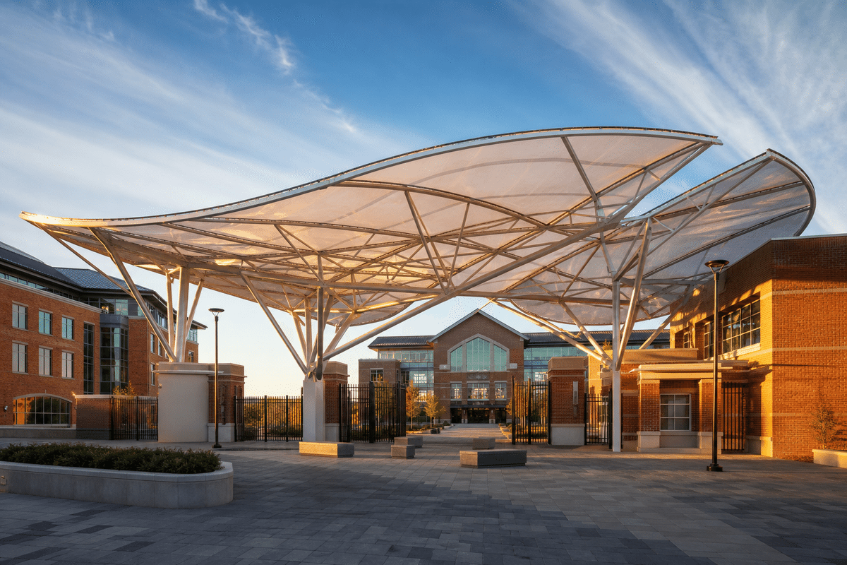 University campus entrance with elegant ETFE canopy