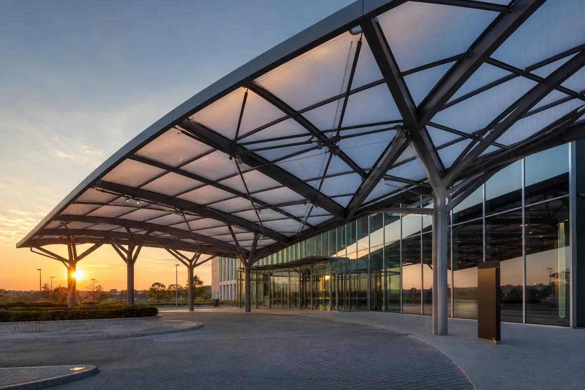 Installation of an ETFE canopy structure over a covered walkway