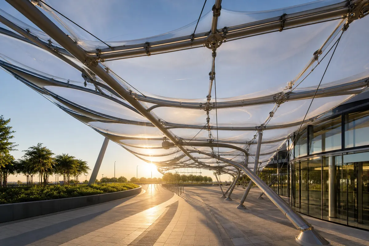 University campus walkway sheltered by a lightweight ETFE canopy