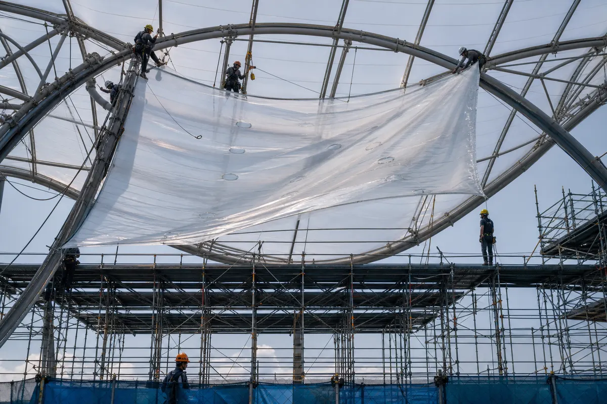 Curved ETFE canopy membrane glowing over an entrance plaza at dusk