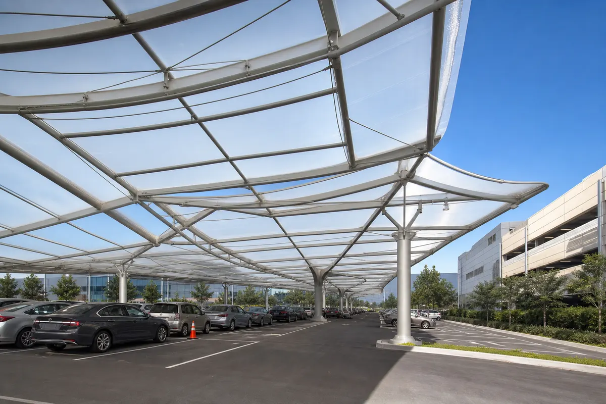 Airport terminal entrance canopy daylit through ETFE membrane
