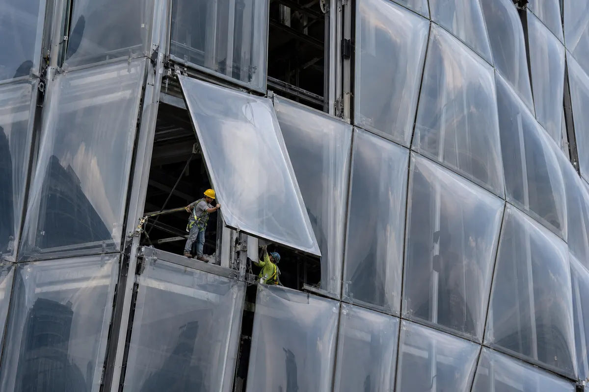 Close-up of a translucent ETFE façade cladding panel on a building elevation