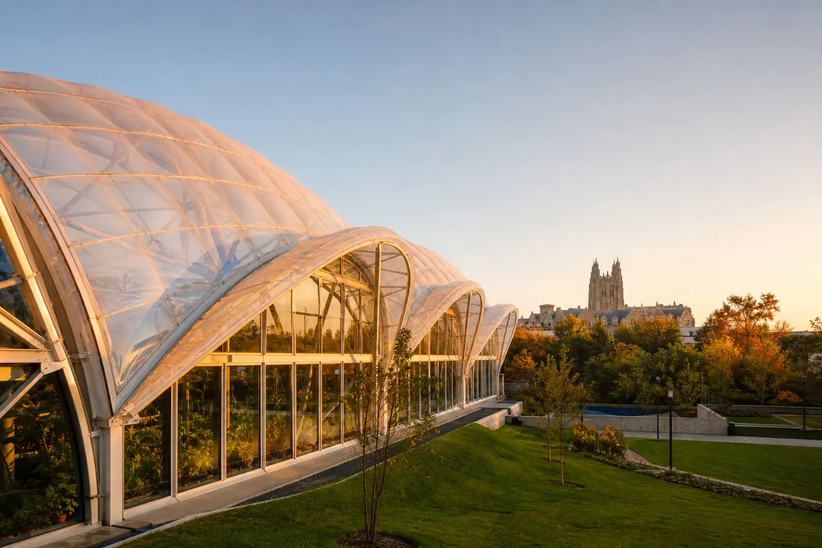 Nursery and propagation house daylit through transparent ETFE greenhouse film