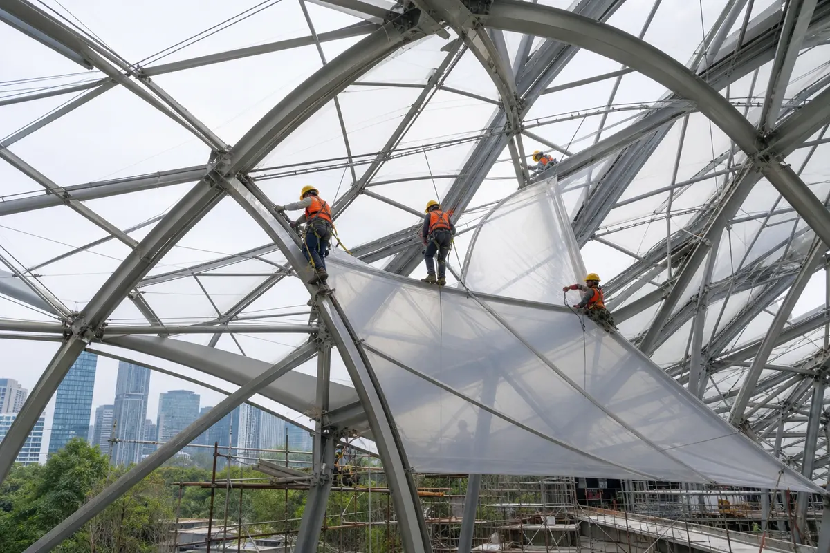 Daylit airport concourse beneath a translucent ETFE roofing system